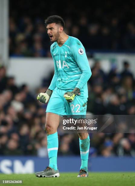 Paulo Gazzaniga of Tottenham Hotspur celebrates his sides first goal scored by Dele Alli of Tottenham Hotspur during the Premier League match between...