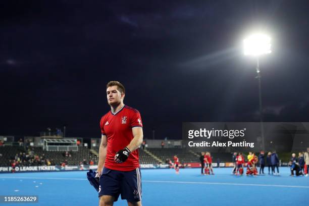 Henry Weir of Great Britain leaves the pitch during the Olympic Qualifier match between Great Britain and Malaysia at Lee Valley Hockey and Tennis...