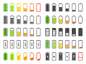 Battery icons. Charging level batteries charge indicator, alkaline tags rechargeable levels. Full, low and empty battery vector set