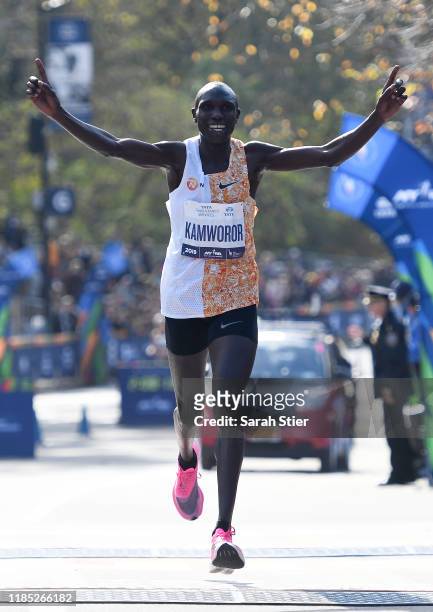 Geoffrey Kamworor crosses the finish line to win the Men's Division of the 2019 TCS New York City Marathon on November 03, 2019 in New York City.