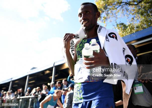 Shura Kitata of Ethiopia looks on after finishing fifth in the Men's Division of the 2019 TCS New York City Marathon on November 03, 2019 in New York...