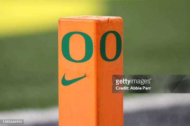 Post in the end-zone with the Oregon Ducks logo during their game at Autzen Stadium on October 26, 2019 in Eugene, Oregon.