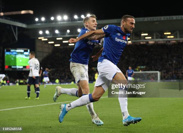 Cenk Tosun of Everton celebrates after scoring his sides first goal during the Premier League match between Everton FC and Tottenham Hotspur at...