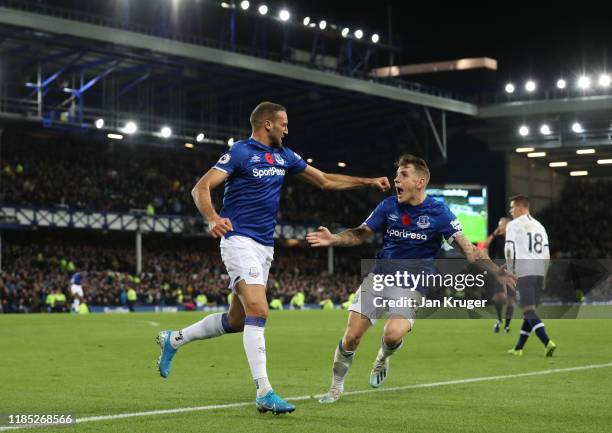 Cenk Tosun of Everton celebrates after scoring his sides first goal during the Premier League match between Everton FC and Tottenham Hotspur at...