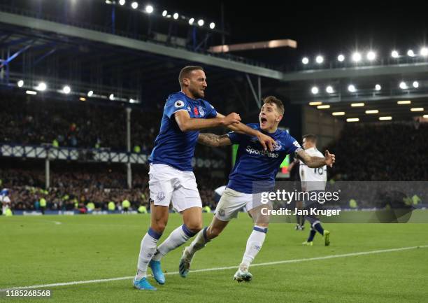 Cenk Tosun of Everton celebrates after scoring his sides first goal during the Premier League match between Everton FC and Tottenham Hotspur at...