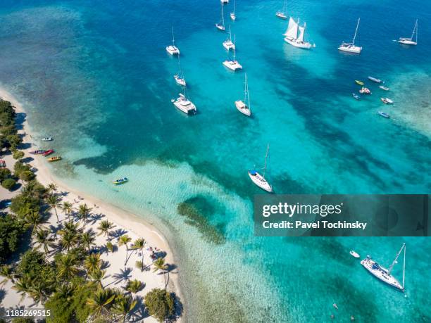 sail boats and catamarans moored near uninhabited islands of tabago cays, grenadines, 2019 - tobago cays stock pictures, royalty-free photos & images