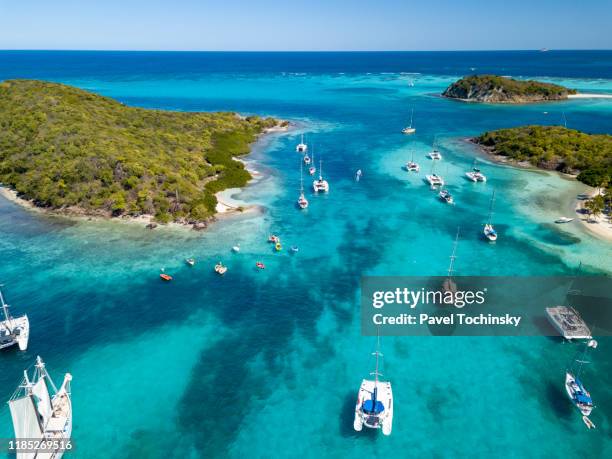 sail boats and catamarans moored near uninhabited islands of tabago cays, grenadines, 2019 - saint vincent e grenadine foto e immagini stock