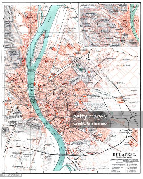 map of city budapest hungary 1896 - budapest map stock illustrations