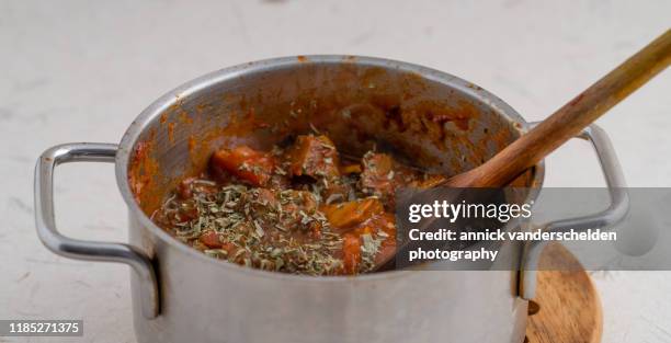 oregano on tomato sauce - origano foto e immagini stock