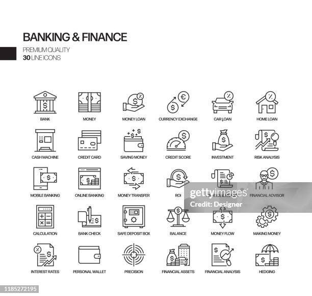 stockillustraties, clipart, cartoons en iconen met eenvoudige set van bank-en financieringsgerelateerde vector lijn iconen. overzichts symbool verzameling. - bankafschrift