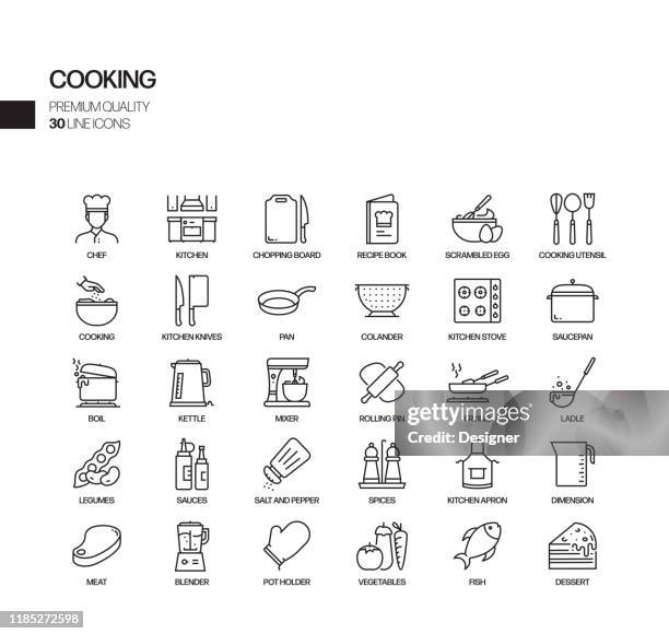 simple set of cooking related vector line icons. outline symbol collection. - gourmet food stock illustrations