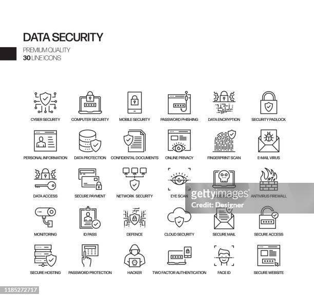 ilustraciones, imágenes clip art, dibujos animados e iconos de stock de conjunto simple de iconos de línea vectorial relacionados con la seguridad de datos. colección de símbolos de esquema. - servidor de seguridad
