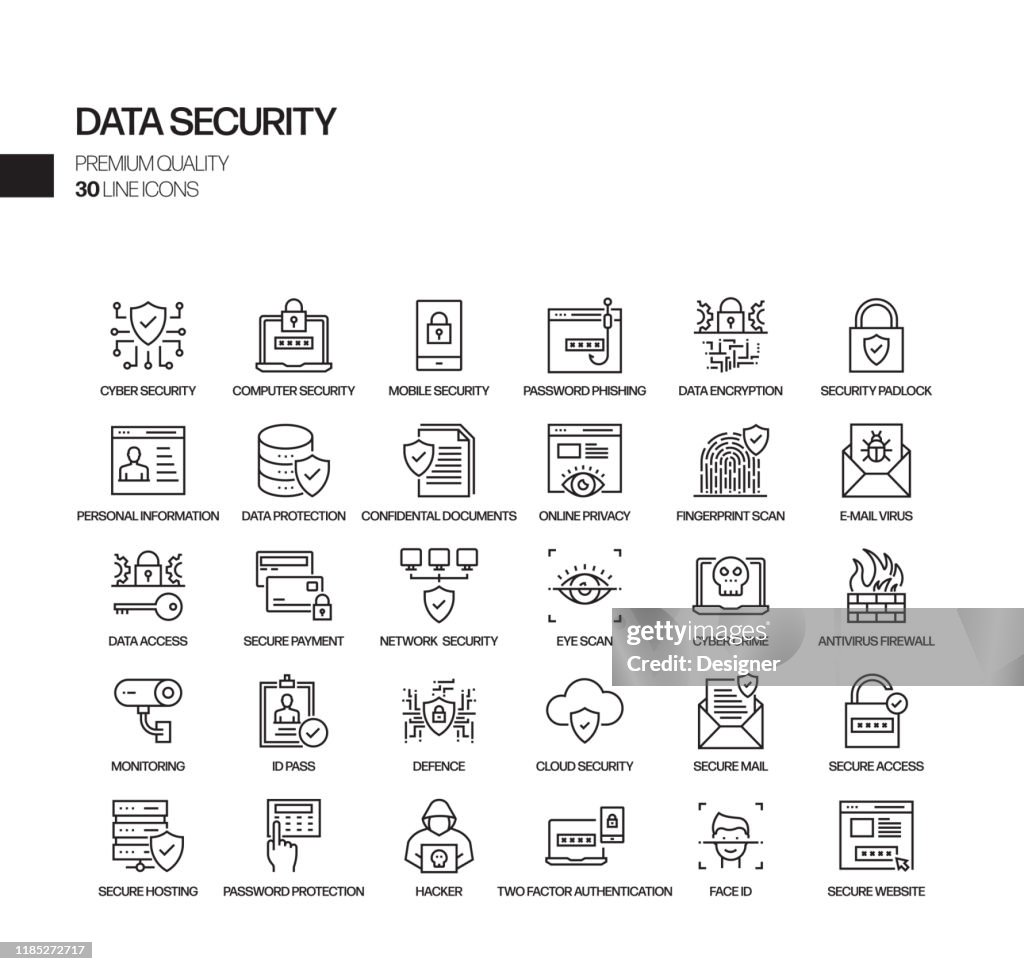 Conjunto simples de ícones da linha de vetor relacionado à segurança de dados. Coleção de símbolos de esboço.
