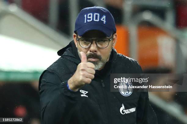 David Wagner, head coach of Schalke reacts during the Bundesliga match between FC Augsburg and FC Schalke 04 at WWK-Arena on November 03, 2019 in...