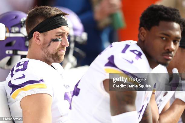 Adam Thielen and Stefon Diggs of the Minnesota Vikings look on from the sideline during the first half against the Kansas City Chiefs at Arrowhead...