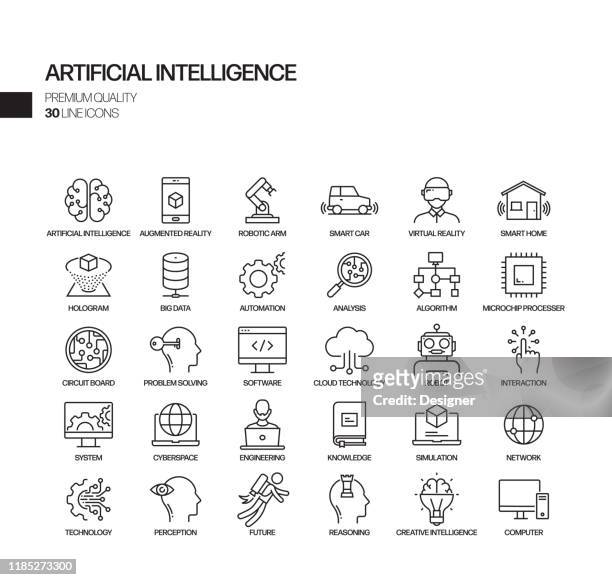 illustrazioni stock, clip art, cartoni animati e icone di tendenza di semplice set di icone di linee vettoriali correlate all'intelligenza artificiale. insieme outline symbol. - intelligenza artificiale