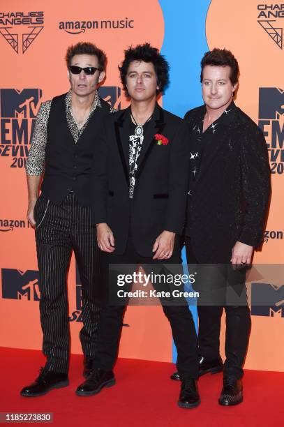 Mike Dirnt, Billie Joe Armstrong and Tre Cool of Green Day attend the MTV EMAs 2019 at FIBES Conference and Exhibition Centre on November 03, 2019 in...