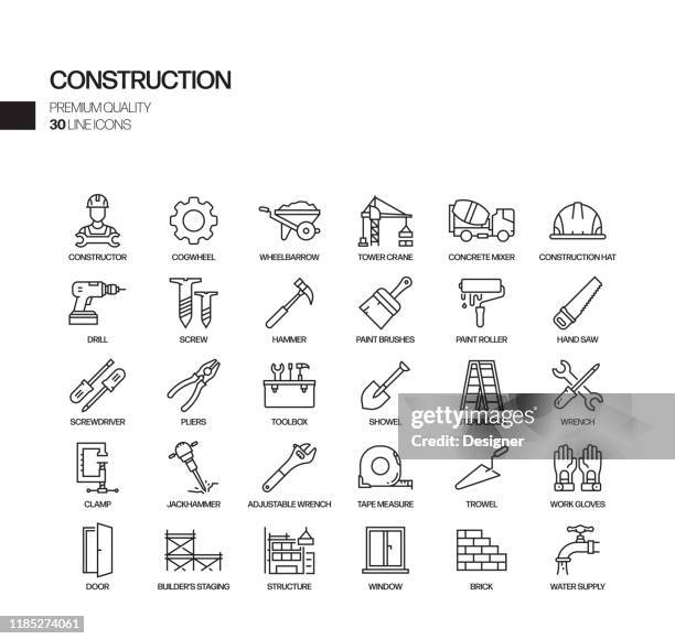 illustrations, cliparts, dessins animés et icônes de ensemble simple d'icônes de ligne vectorielle liées à la construction. collection de symboles de contour. - équipement de construction