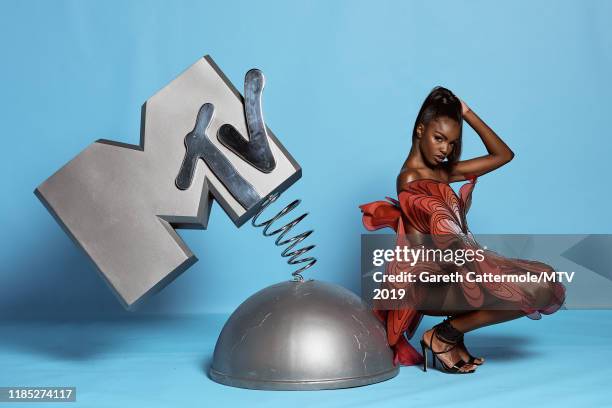 Leomie Anderson poses at the MTV EMAs 2019 studio at FIBES Conference and Exhibition Centre on November 03, 2019 in Seville, Spain.