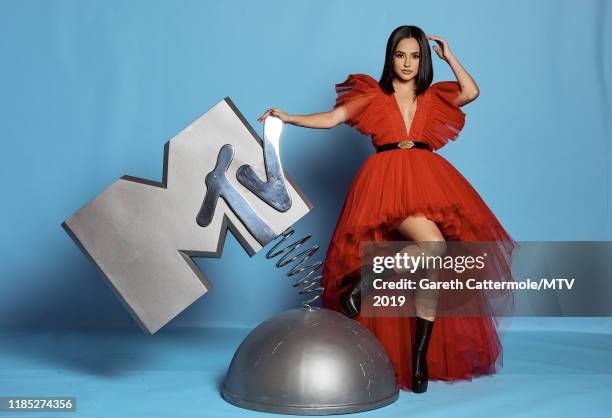 Becky G poses at the MTV EMAs 2019 studio at FIBES Conference and Exhibition Centre on November 03, 2019 in Seville, Spain.