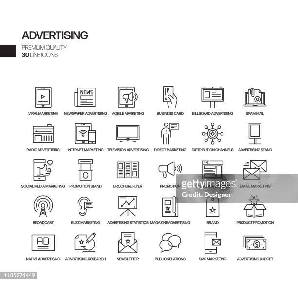stockillustraties, clipart, cartoons en iconen met eenvoudige set van reclame en promotie gerelateerde vector lijn iconen. overzichts symbool verzameling. - media icon