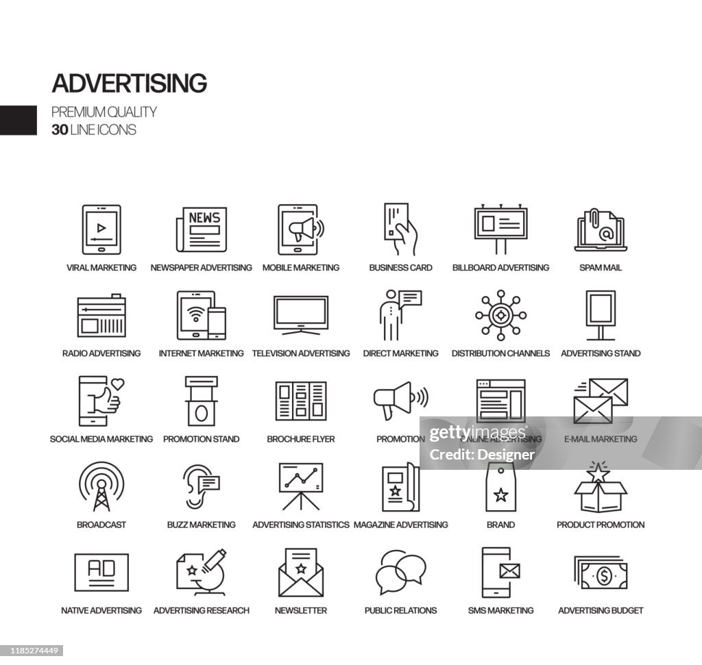 Simple Set of Advertising and Promotion Related Vector Line Icons. Outline Symbol Collection.