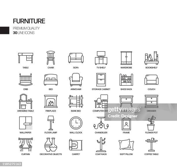 ilustraciones, imágenes clip art, dibujos animados e iconos de stock de conjunto simple de iconos de línea vectorial relacionados con muebles. colección de símbolos de esquema. - cama de matrimonio