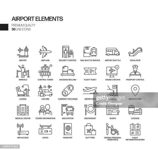 illustrations, cliparts, dessins animés et icônes de ensemble simple d'icônes de ligne vectorielle connexes d'éléments d'aéroport. collection de symboles de contour. - arrival departure board