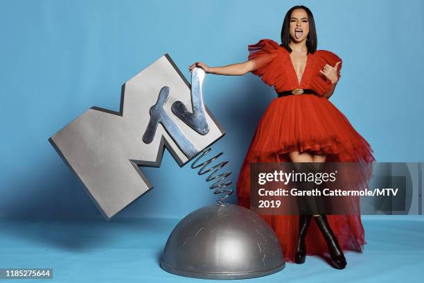 Becky G poses at the MTV EMAs 2019 studio at FIBES Conference and Exhibition Centre on November 03, 2019 in Seville, Spain.