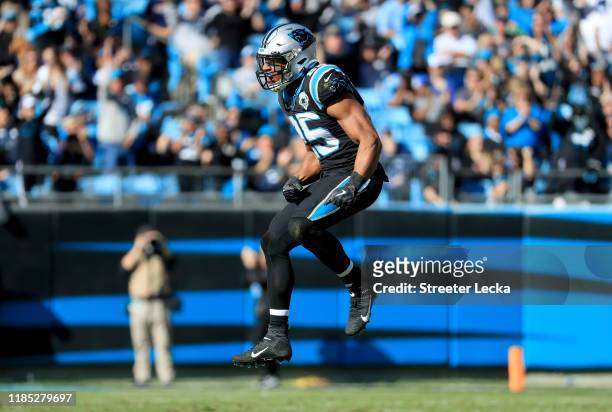 Eric Reid of the Carolina Panthers reacts after a play during their game against the Tennessee Titans at Bank of America Stadium on November 03, 2019...