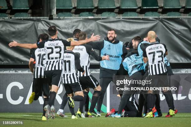Partizan's players celebrate after scoring a second goal during the UEFA Europa League Group L football match between AZ Alkmaar and Partizan...