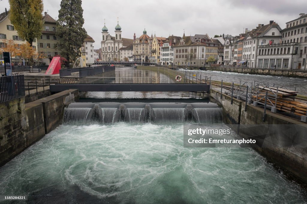 Small waterfall on Reuss river in Lucerne.