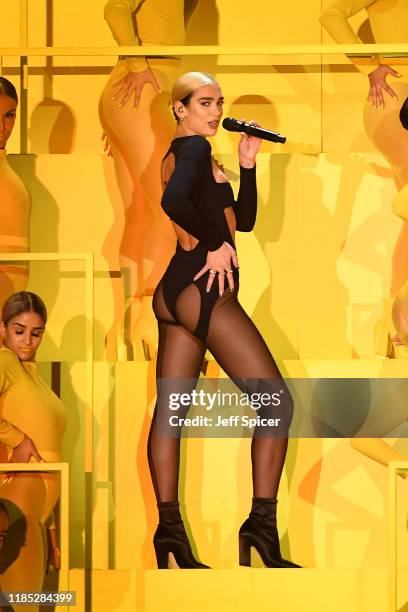 Dua Lipa performs on stage during the MTV EMAs 2019 at FIBES Conference and Exhibition Centre on November 03, 2019 in Seville, Spain.