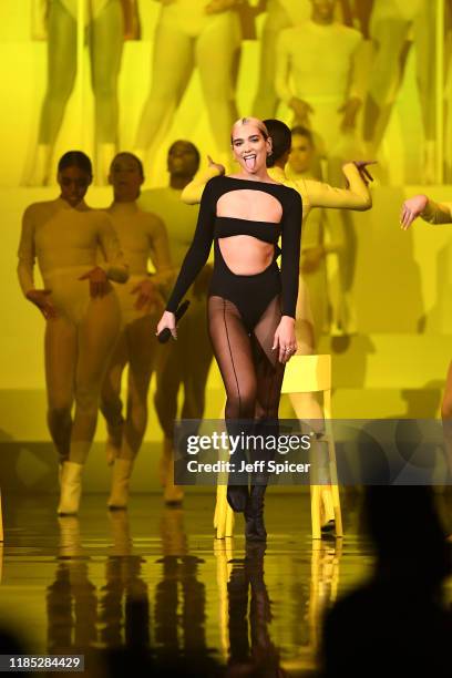 Dua Lipa performs on stage during the MTV EMAs 2019 at FIBES Conference and Exhibition Centre on November 03, 2019 in Seville, Spain.