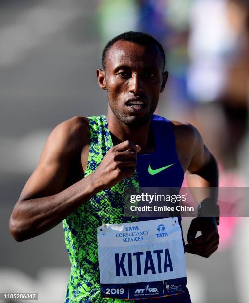 Shura Kitata of Ethopia leads the pack of runners in the Men's Division at the start of the TCS New York City Marathon on November 03, 2019 in the...