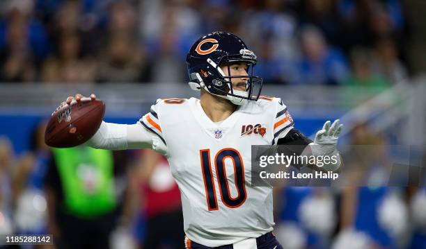 Mitchell Trubisky of the Chicago Bears drops back to pass during the second quarter of the game against the Detroit Lions at Ford Field on November...