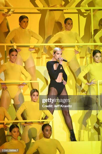 Dua Lipa performs on stage during the MTV EMAs 2019 at FIBES Conference and Exhibition Centre on November 03, 2019 in Seville, Spain.