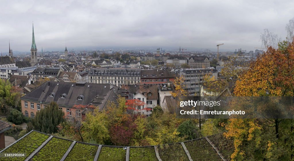 Panoramic view of oldtown Zurich on an overcast day.