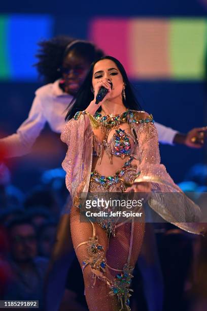 Becky G joins Akon to perform on stage during the MTV EMAs 2019 at FIBES Conference and Exhibition Centre on November 03, 2019 in Seville, Spain.
