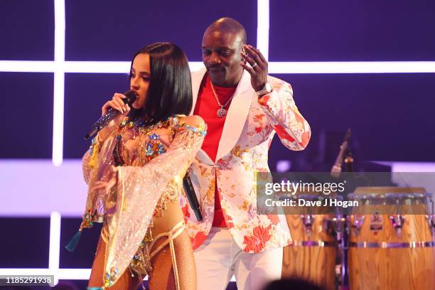 Becky G joins Akon to perform on stage during the MTV EMAs 2019 at FIBES Conference and Exhibition Centre on November 03, 2019 in Seville, Spain.