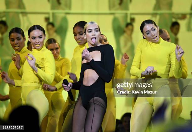 Dua Lipa performs on stage during the MTV EMAs 2019 at FIBES Conference and Exhibition Centre on November 03, 2019 in Seville, Spain.