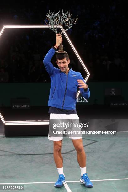 Winner of the Rolex Paris Masters 2019 Novak Djokovic attends the Rolex Paris Masters at AccorHotels Arena Popb Paris Bercy on November 03, 2019 in...