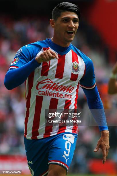 Alan Pulido of Chivas celebrates after scoring the second goal of his team during the 17th round match between Toluca and Chivas as part of the...