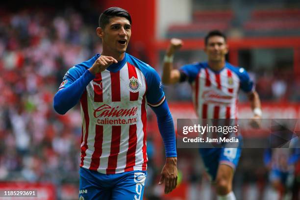 Alan Pulido of Chivas celebrates after scoring the second goal of his team during the 17th round match between Toluca and Chivas as part of the...