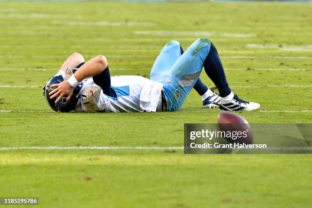 Ryan Tannehill of the Tennessee Titans reacts after failing to complete a two-point conversion during the fourth quarter of their game against the...