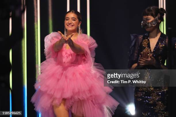 Lola Indigo is seen on stage during the MTV EMAs 2019 at FIBES Conference and Exhibition Centre on November 03, 2019 in Seville, Spain.