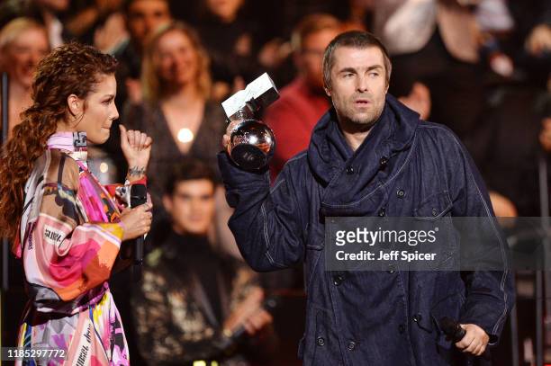 Liam Gallagher receives the Rock Icon Award on stage during the MTV EMAs 2019 at FIBES Conference and Exhibition Centre on November 03, 2019 in...