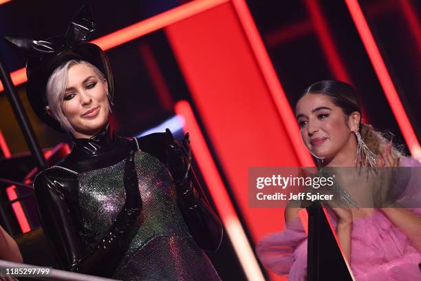 Maruv and Lola Indigo are seen on stage during the MTV EMAs 2019 at FIBES Conference and Exhibition Centre on November 03, 2019 in Seville, Spain.