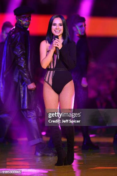 Becky G performs on stage during the MTV EMAs 2019 at FIBES Conference and Exhibition Centre on November 03, 2019 in Seville, Spain.