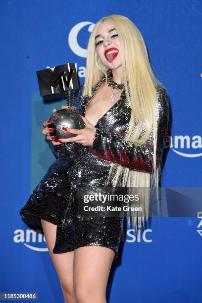 Ava Max with the Best Push Award in the winners room during the MTV EMAs 2019 at FIBES Conference and Exhibition Centre on November 03, 2019 in...